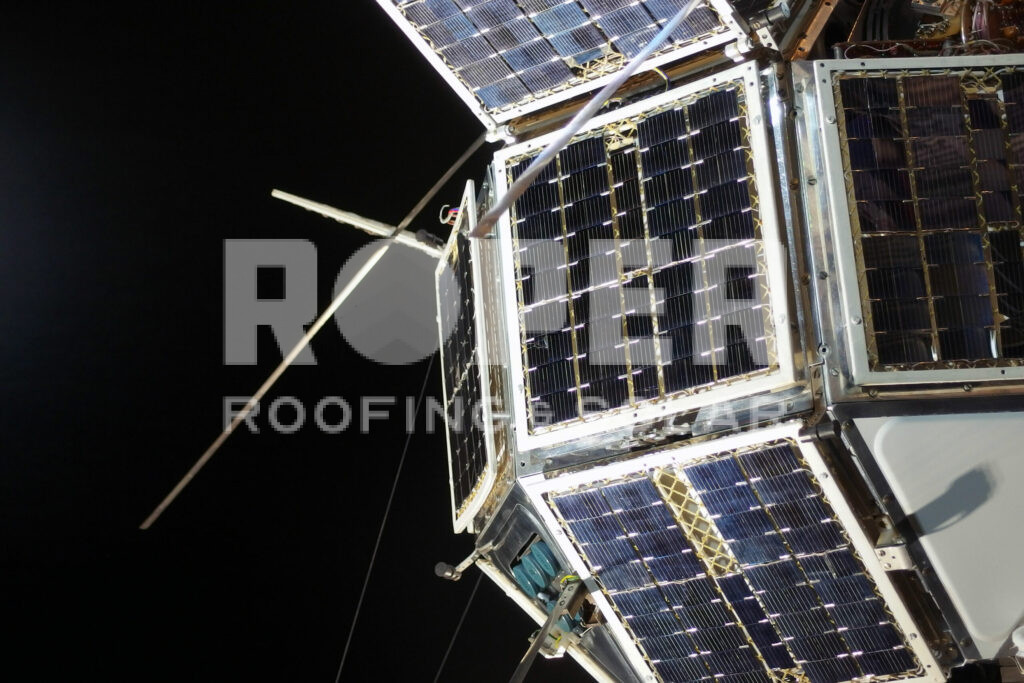 International Space Station solar panels in orbit against black space