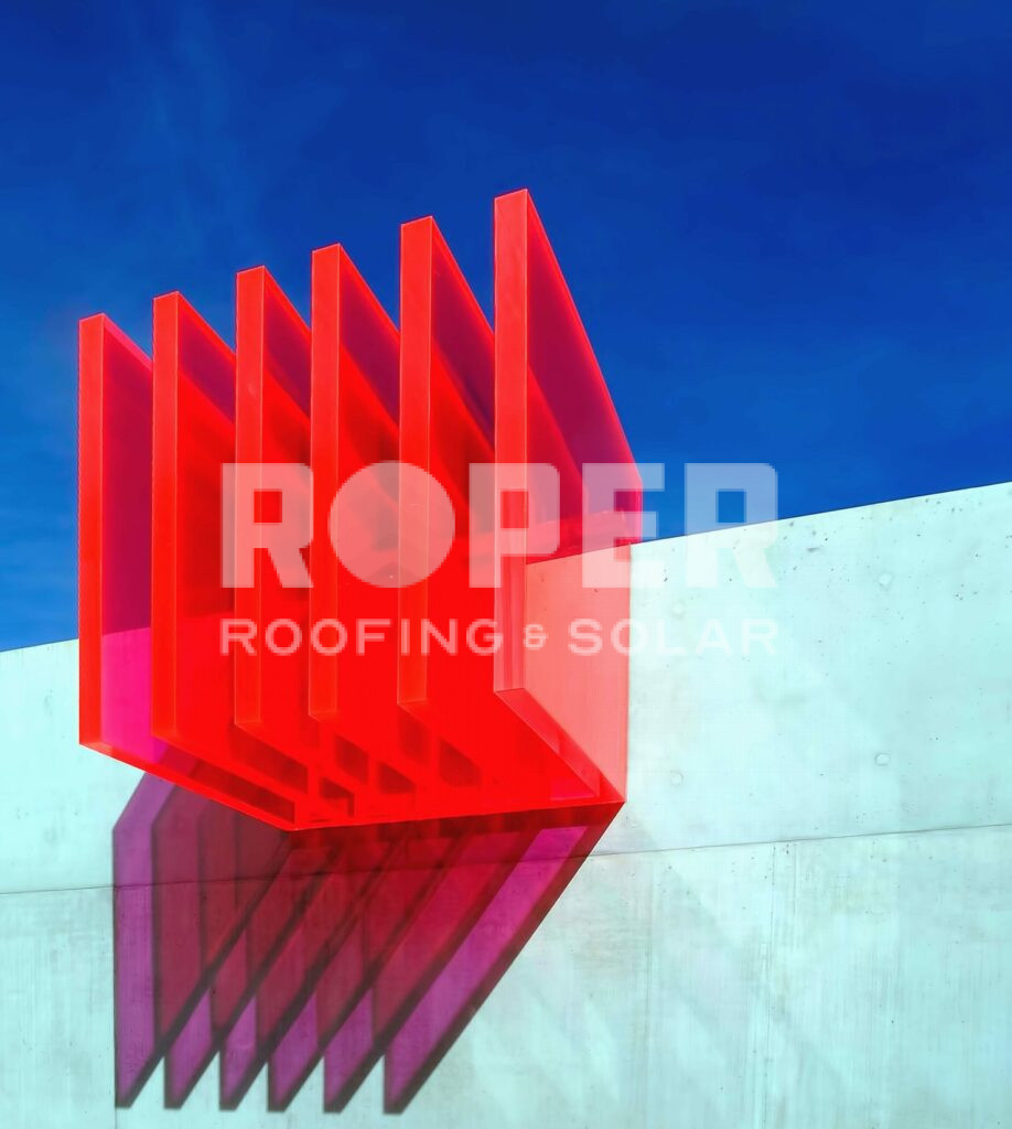 Red translucent geometric sculpture with angular fins against blue sky background