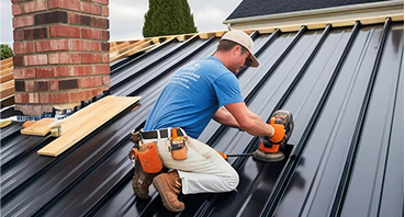 Roofer installing metal roofing panels on residential house roof with tools