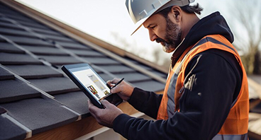 Construction worker in hard hat and safety vest using tablet on rooftop