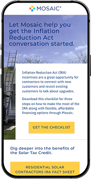 Mosaic mobile app screen showing Inflation Reduction Act solar benefits checklist