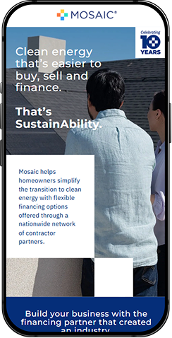 Mosaic solar panel financing app interface showing clean energy solutions
