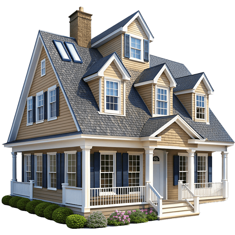 Two-story colonial style house with brown siding, blue shutters, and white porch