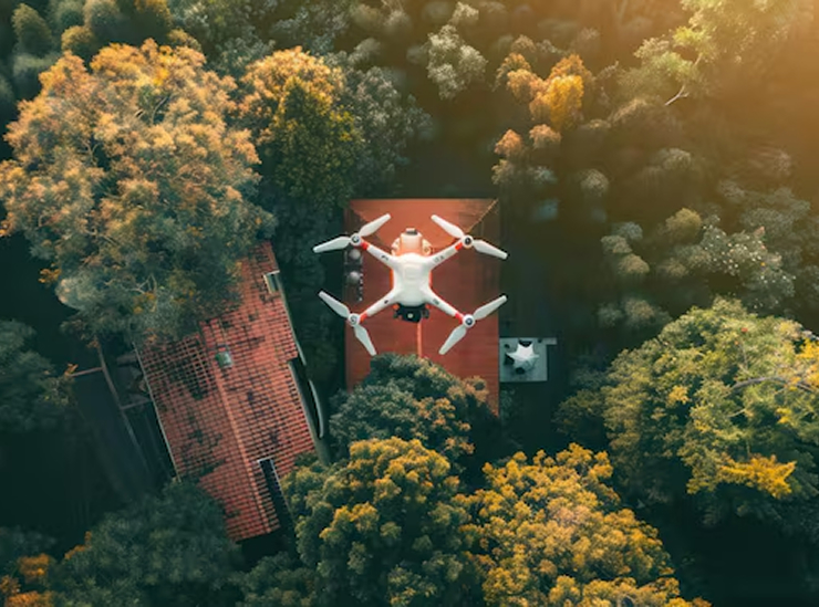 White drone flying over suburban house with red roof surrounded by autumn trees