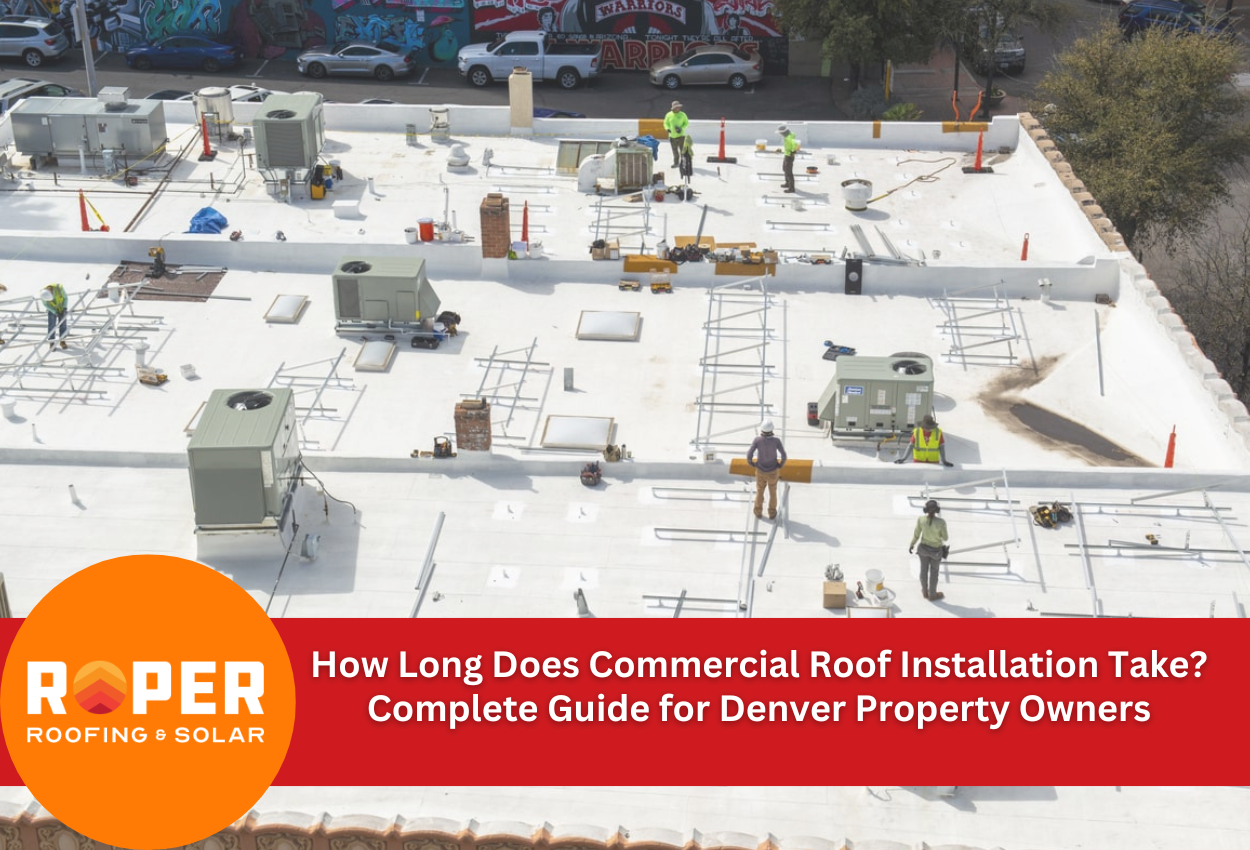 Commercial roof installation workers in safety vests working on white flat roof with HVAC units and equipment in Denver