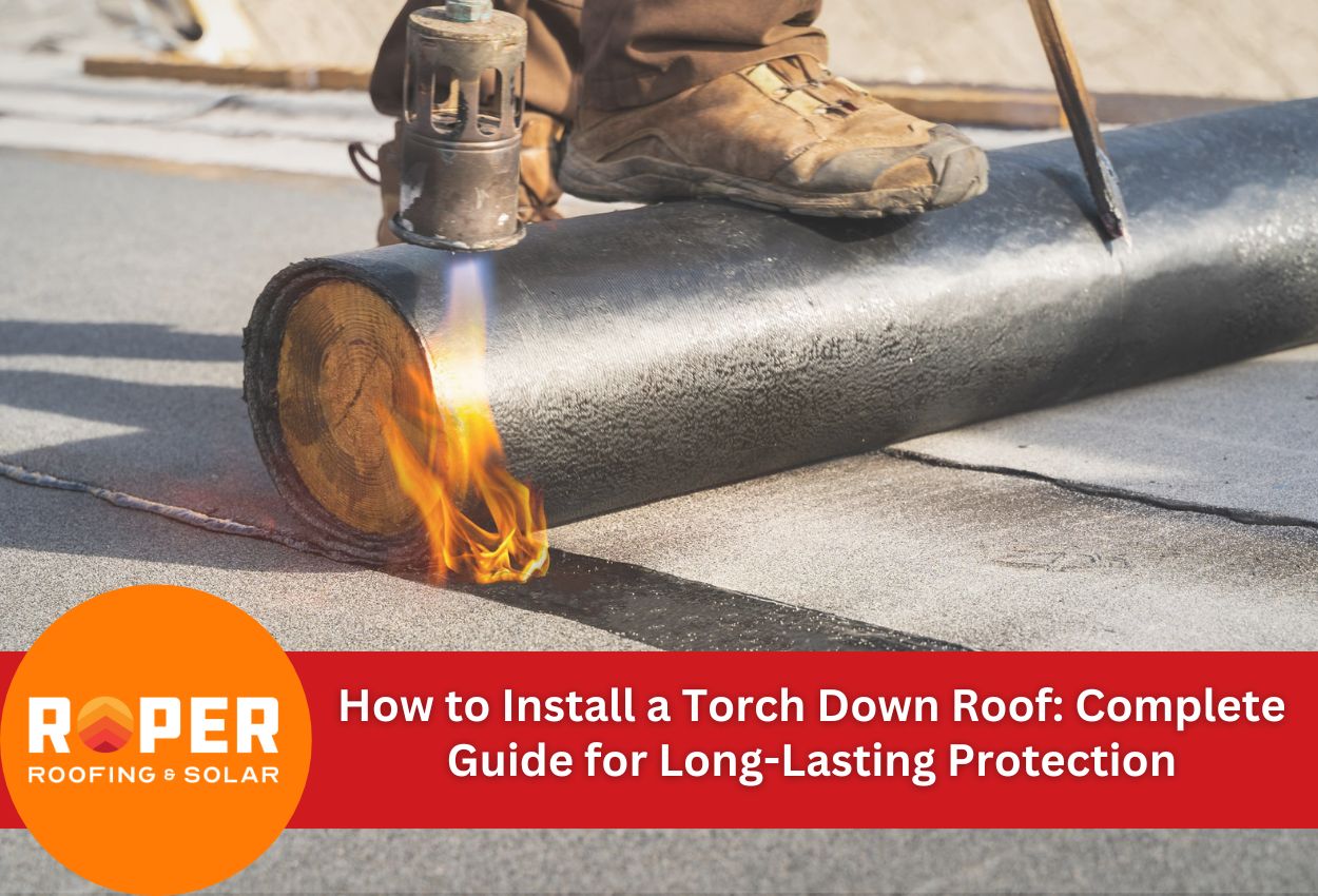 Roofer installing torch down roofing membrane with propane torch flame on roof