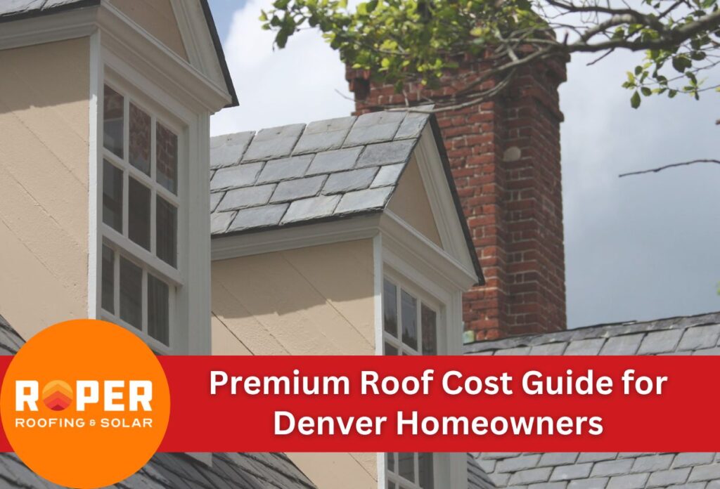 Premium slate roof with brick chimney on beige house - Denver roofing cost guide