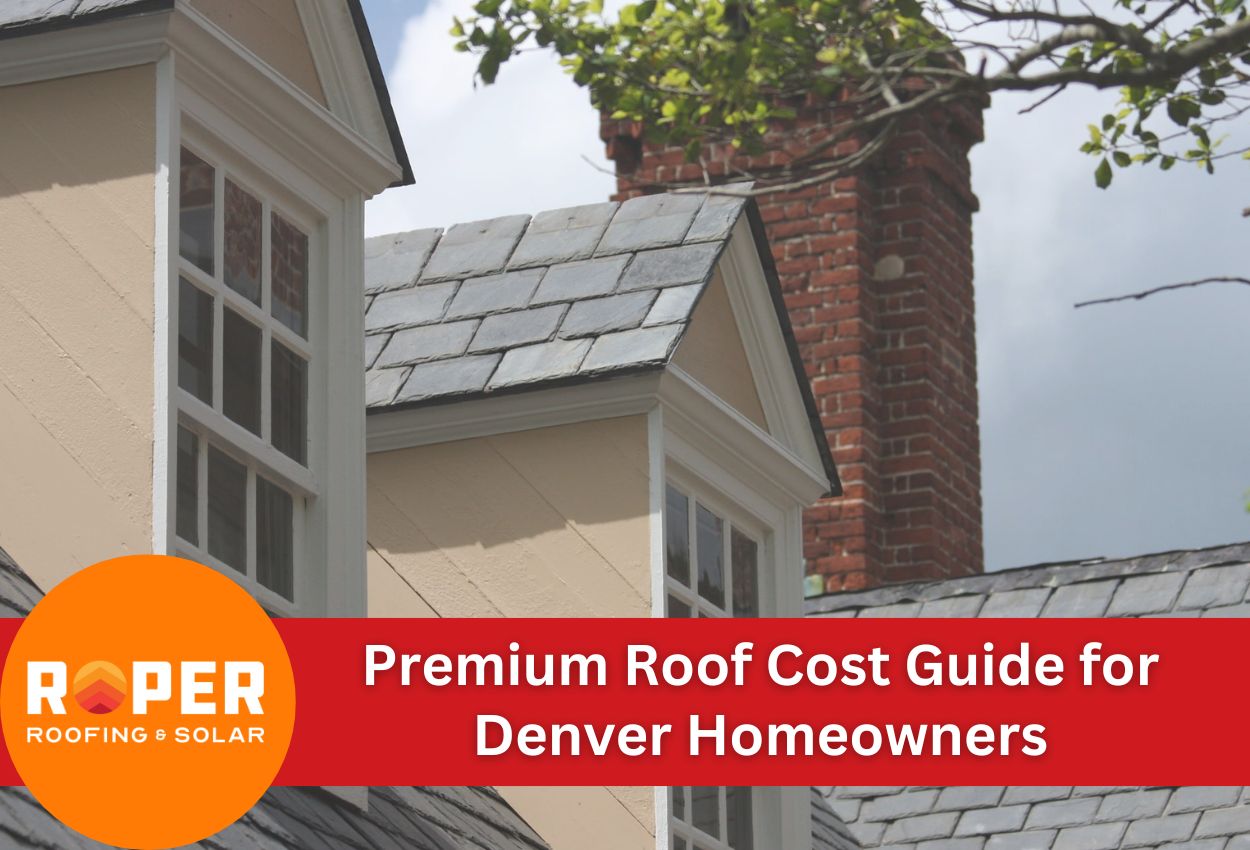 Premium slate roof with brick chimney on beige house - Denver roofing cost guide