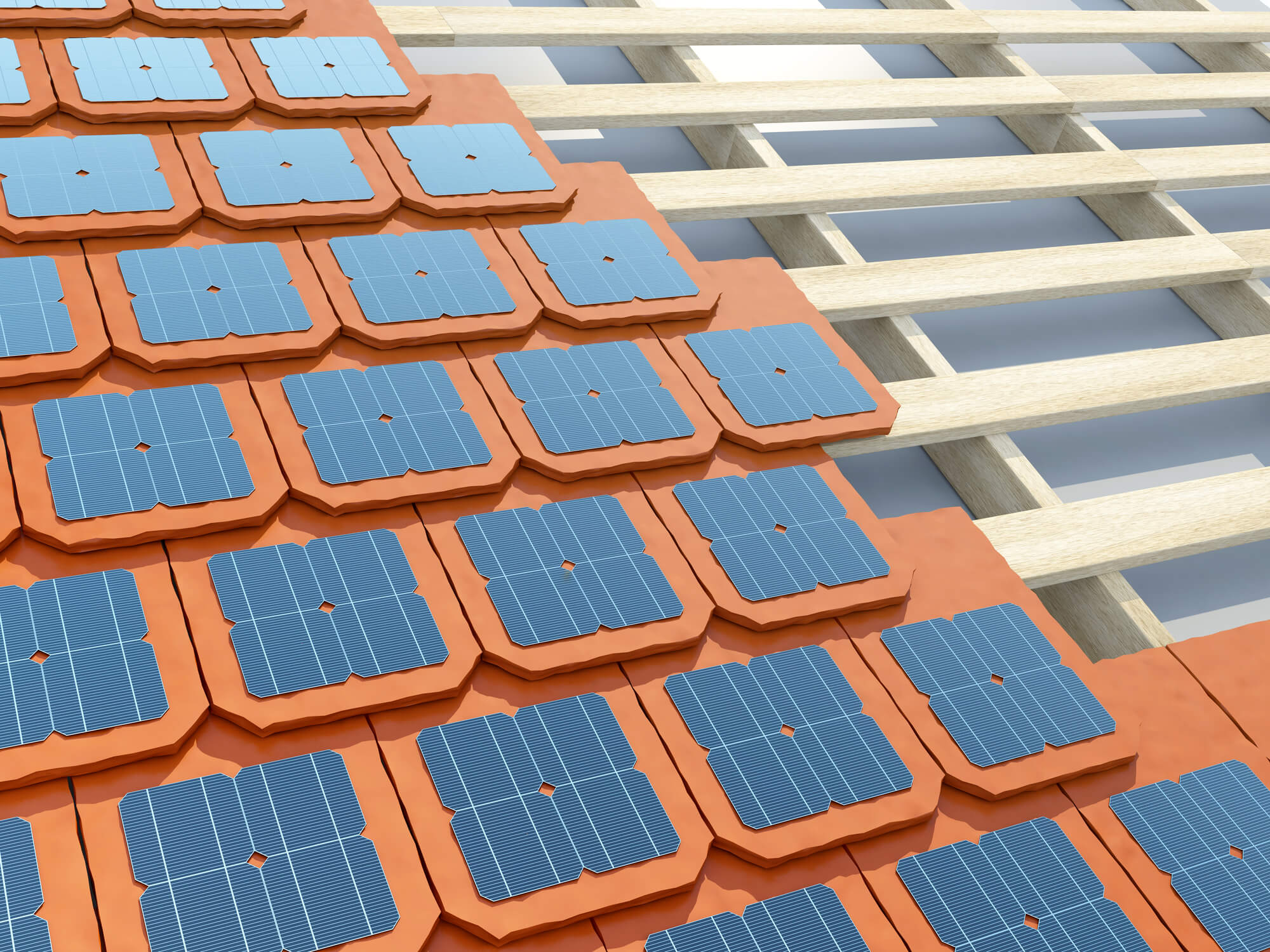 Solar panels integrated into orange roof tiles during installation process