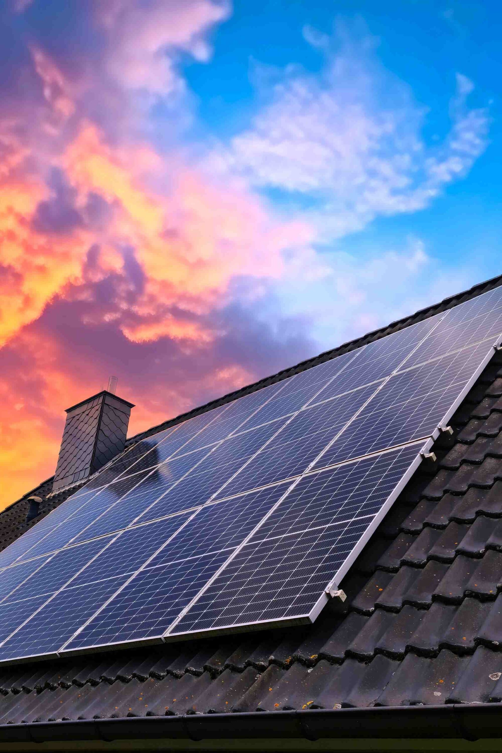 Solar panels on dark roof tile house against dramatic sunset sky with orange and blue clouds