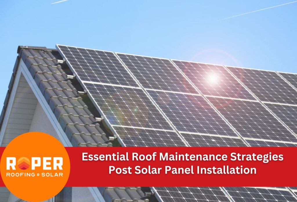 Solar panels installed on residential roof with tile roofing under blue sky