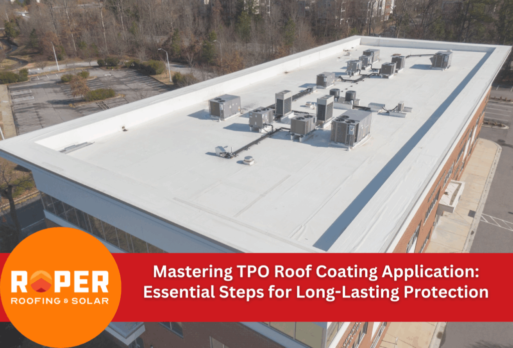 Aerial view of white TPO commercial roof with HVAC units and coating application