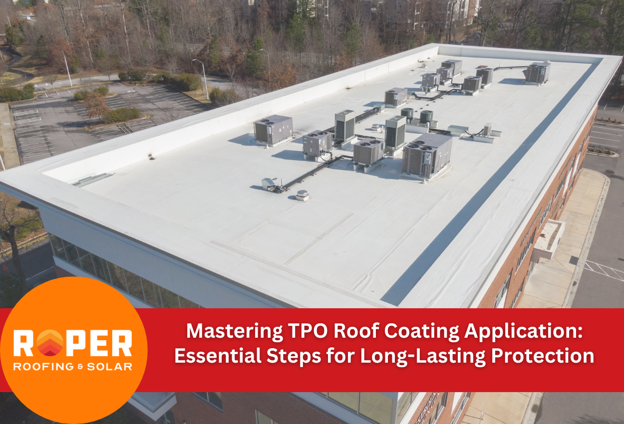 Aerial view of white TPO commercial roof with HVAC units and coating application