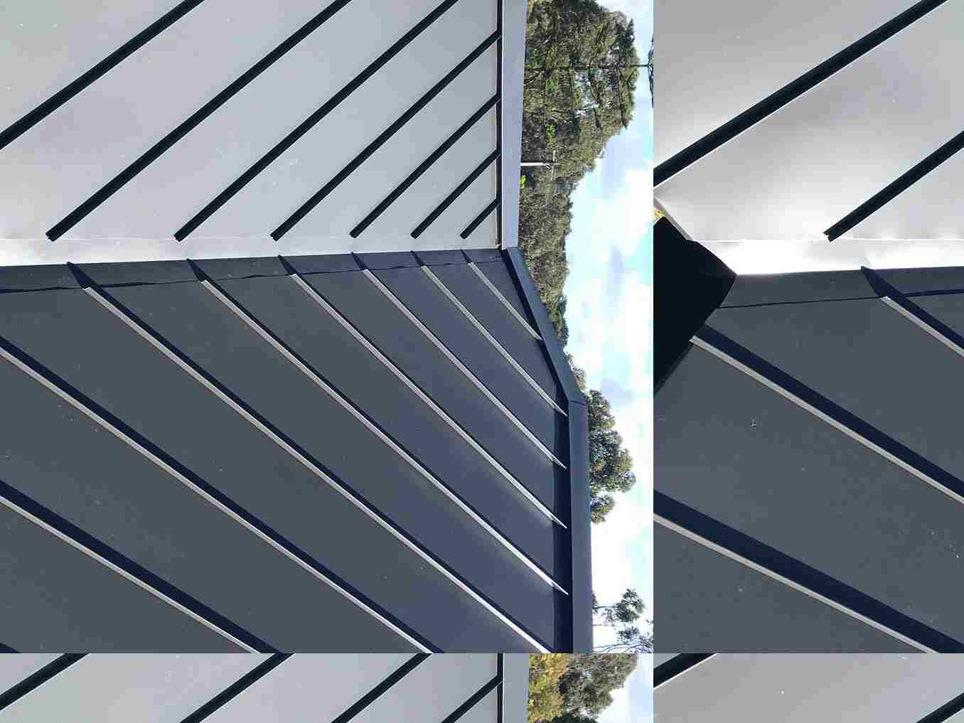 Modern building exterior with dark metal roofing and geometric architectural lines